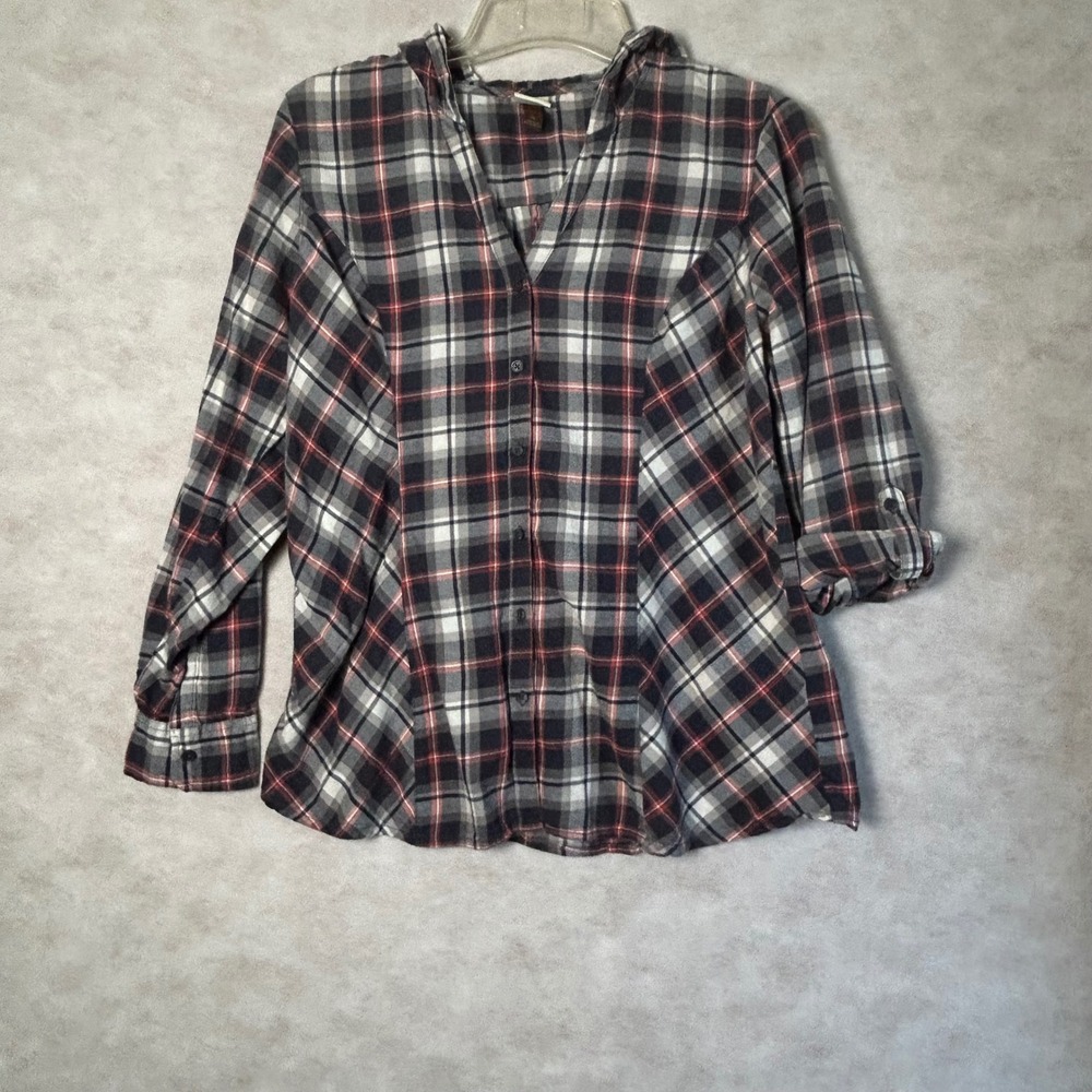 Sonoma Life +‎ Style Womens XL Plaid Hooded Button Down Roll Tab Sleeve Shirt